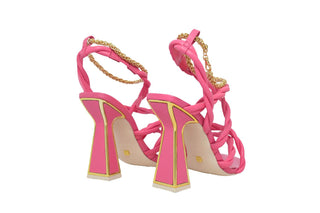 Kat Maconie, Brigitte-Dragonfruit, pink leather twisted rope with gold chain draged down and gold edgying on hourglass heel, The Shoe Curator