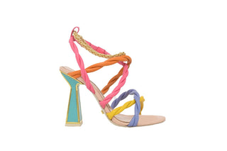 Kat Maconie, Brigitte-Multibrights, multi coloured twisted rope with gold chain draped, gold edgying on hourglass heel, The Shoe Curator