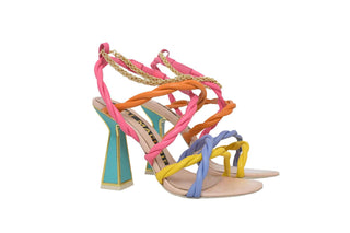 Kat Maconie, Brigitte-Multibrights, multi coloured twisted rope with gold chain draped, gold edgying on hourglass heel, The Shoe Curator
