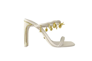 Kat Maconie, Char, Cream leather wide toe stiletto with twisted rope and sea shell charm details, slim-wide block heel with gold edging features, The Shoe Curator