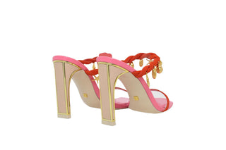 Kat Maconie, Char-Dragonfruit, pink wide toed stiletto with twisted orange and red rope with sea shell charms, and patent slim-wide block heel with gold edging, The Shoe Curator