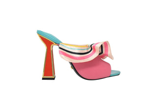 Kat Maconie, Desiree, multi coloured leather and fabric peep toe high heel with an hourglass heel with gold edging, fabric flowing over the top, The Shoe Curator