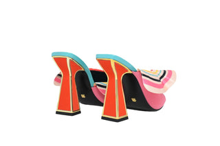 Kat Maconie, Desiree, multi coloured leather and fabric peep toe high heel with an hourglass heel with gold edging, fabric flowing over the top, The Shoe Curator