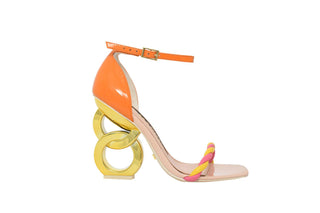 Kat Maconie, Melanie, Orange patent adjustable buckle with pink and yellow leather twisted rope and patent gold chain heel, The Shoe Curator