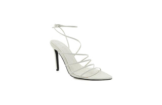 Billini, Preach, White leather strappy with with small silver buckle and pointed toes with stiletto heel, The Shoe Curator