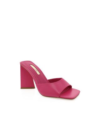 Billini, Pink leather pump with triangle block heel with peeped squared toe, The Shoe Curator