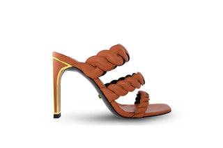 Kat Maconie, Rika, Caramel leather with 3 braids down the foot with a slim-wide heel with gold edging, The Shoe Curator