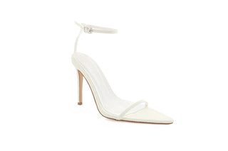 Billini, Rocco, White leather pump with thin buckle strap and strap over toes with stiletto heel and pointed toes, The Shoe Curator