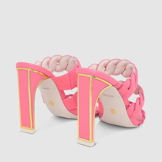 Kat Maconie, Rika, Pink leather heel with 3 braids down the foot and slim-wide heel with gold edging, The Shoe Curator