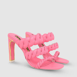 Kat Maconie, Rika, Pink leather heel with 3 braids down the foot and slim-wide heel with gold edging, The Shoe Curator