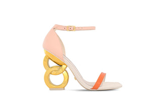 Kat Maconie, Suzu, Pastel pink leather with buckle strap and orange toe strap with a gold patent chain heel, The Shoe Curator