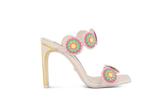 Kat Maconie, Iza, white leather high heels with light shades of multi colours in flower designs, slim-wide block heel with gold edging, The Shoe Curator 