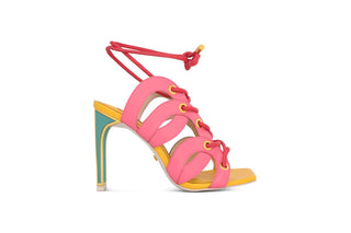Kat Maconie, Celia-Dragonfruit, pink leather base with multicoloures sole and block heel with gold edging, adjustable lace up to the strap, The Shoe Curator