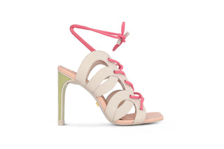 Kat Maconie, Celia-White, white heel with pastel colours, slim-wide block patent heel with green and white, adjustable lace up to the strap, The Shoe Curator