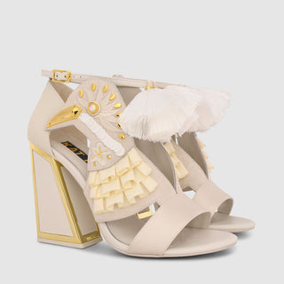 Kat Maconie, Bridal, White suede and patent shoe with open toes and bird detailing with gold and pom pom extras, block heel with gold edging, The Shoe Curator