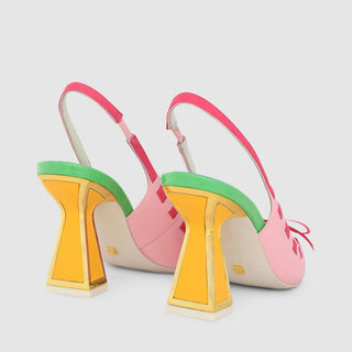Kat Maconie, Kacy, Multi coloured green, yellow and pink slingback heel with pointed toes and hourglass heel with gold edging, The Shoe Curator