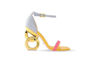 Kat Maconie, Suzu, yellow, baby blue (patent) and pink leather stiletto with gold buckle strap and gold patent chain heel, The Shoe Curator