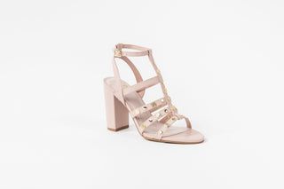 Ted Baker, Carolya, Pink leather pump with gold dot detailing with straps up and down the ankle with block heel, The Shoe Curator