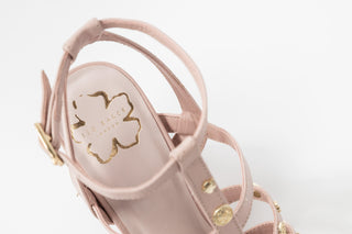 Ted Baker, Carolya, Pink leather pump with gold dot detailing with straps up and down the ankle with block heel, The Shoe Curator