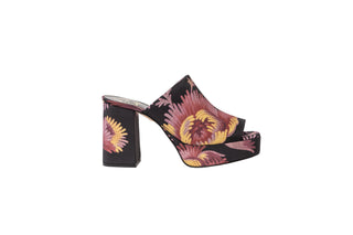 Ted Baker, Delmia, Black and sunset coloured flowered mules with peeped toes and block heel, The Shoe Curator