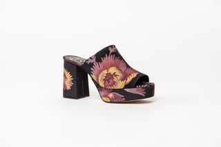 Ted Baker, Delmia, Black and sunset coloured flowered mules with peeped toes and block heel, The Shoe Curator