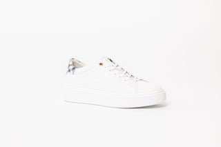 Ted Baker, Filona, White sneakers with blue checker pattern on the heel, The Shoe Curator