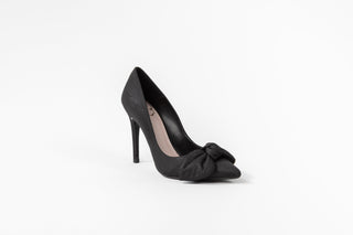 Ted Baker, Hyana,Black striped leather stiletto with pointed toes and bow on the front, The Shoe Curator