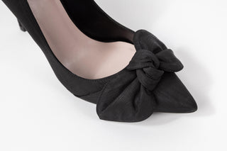 Ted Baker, Hyana,Black striped leather stiletto with pointed toes and bow on the front, The Shoe Curator