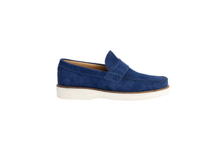 Ted Baker, Isaacc, Navy blue suede loafers with stitching detailing and white soles, The Shoe Curator