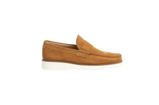 Ted Baker, Isaacc, Brown suede loafers with stitching detailing and white soles, The Shoe Curator