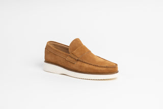 Ted Baker, Isaacc, Brown suede loafers with stitching detailing and white soles, The Shoe Curator