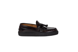 Ted Baker, Petie, Brown patent loafers with tassels on the front and stitching details, The Shoe Curator