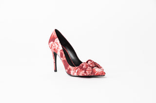 Ted Baker, Multi coloured stiletto with flower patterns and pointed toes with bow on front, The Shoe Curator