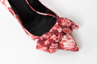Ted Baker, Multi coloured stiletto with flower patterns and pointed toes with bow on front, The Shoe Curator