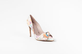 Ted Baker, Rymiiah, Light Multi coloured stiletto with flower patterns and pointed toes with bow on front, The Shoe Curator