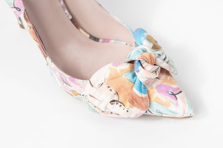Ted Baker, Rymiiah, Light Multi coloured stiletto with flower patterns and pointed toes with bow on front, The Shoe Curator