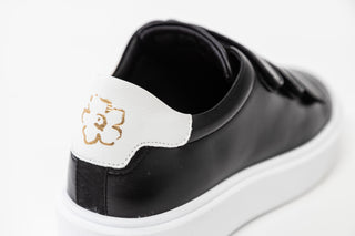 Ted Baker, Tayree, Black leather sneakers with 3 velcro straps on the top and with white detailing, The Shoe Curator