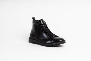 Ted Baker, Yousi, Black leather ankle boots with laces and black bumpy sole tread, The Shoe Curator
