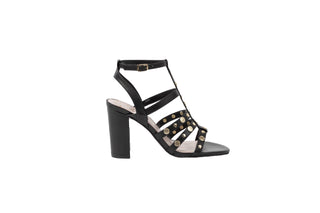 Ted Baker, Carolya, Black leather pump with gold dot detailing with straps up and down the ankle with block heel, The Shoe Curator