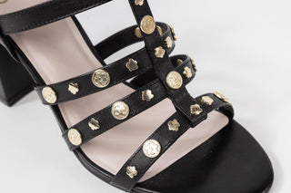 Ted Baker, Carolya, Black leather pump with gold dot detailing with straps up and down the ankle with block heel, The Shoe Curator