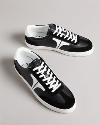 Ted Baker, Robbert, Black leather sneakers with white detailing and white laces, The Shoe Curator