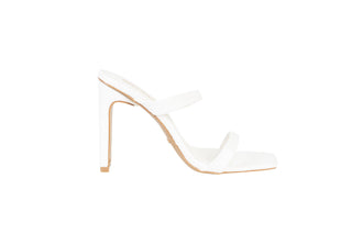 Billini, Toledo, White leather pump with slim-wide block heel and squared toes with 2 straps over front of foot, The Shoe Curator