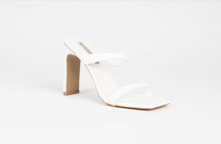 Billini, Toledo, White leather pump with slim-wide block heel and squared toes with 2 straps over front of foot, The Shoe Curator