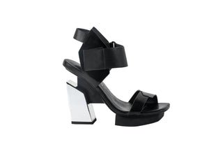 United Nude, Arix Hi, Black leather velcro strap with silver patent floating block heel, The Shoe Curator