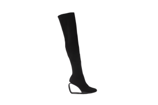 United Nude, Mobius Long Boot Hi, Black mid thigh boot with black stretchy material, heel with a thin piece creating a hollow middle, The Shoe Curator