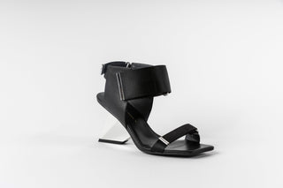 United Nude, Rocket Run, Black leathe peeped toe with adjustable straps on ankle and toes with a sharp edged silver patent heel, The Shoe Curator