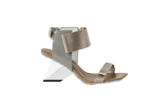 United Nude, Rocket Run, Silver leather with shimmer nude adjustable straps on the pepped toe and ankle with a sharp silver block heel, The Show Curator