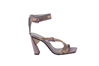United Nude, Sonar Hi, Purple and matellic shoe with adjustable nylon and leather straps and peeped toe with slim-wide block heel, The Shoe Curator