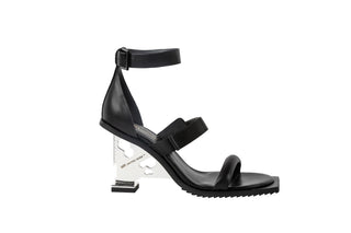 United Nude, Tool Hi, Black leather shoe with 3 adjustable straps and a silver metal triangle heel with ruler markings, The Shoe Curator