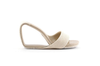 United Nude, Mobius Hi, Cream suede and leather wedge heel with one single band as the heel, sole, strap and toes, The Shoe Curator